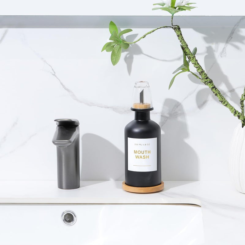 BONLONG 11.8OZ Glass Mouthwash Dispenser for Bathroom with Stainless Steel & Bamboo Nozzle, Mouthwash Cup Reusable, Bamboo Tray, and Elegant Gold Sticker.(Black) - Image 5